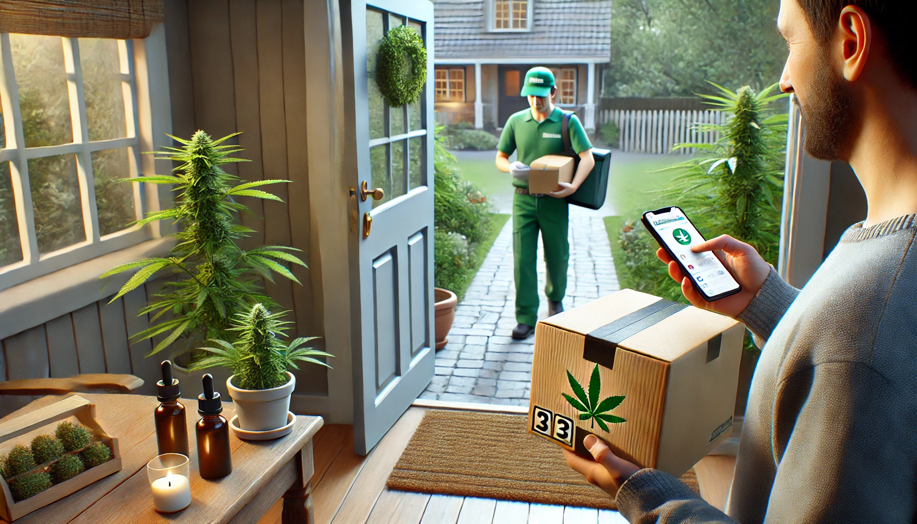 A patient receiving a medical cannabis delivery at his doorstep.